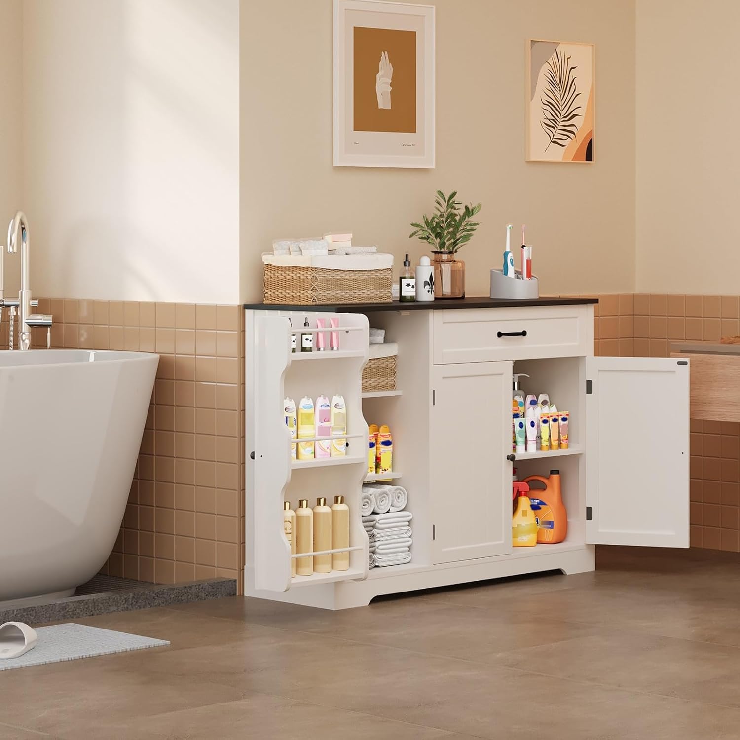 Gizoon Kitchen Coffee Bar Cabinet with Storage Kitchen Sideboard Buffet Cabinet with Drawers, Short Pantry with Door and Shelves for Bathroom and Living Room, White and Black