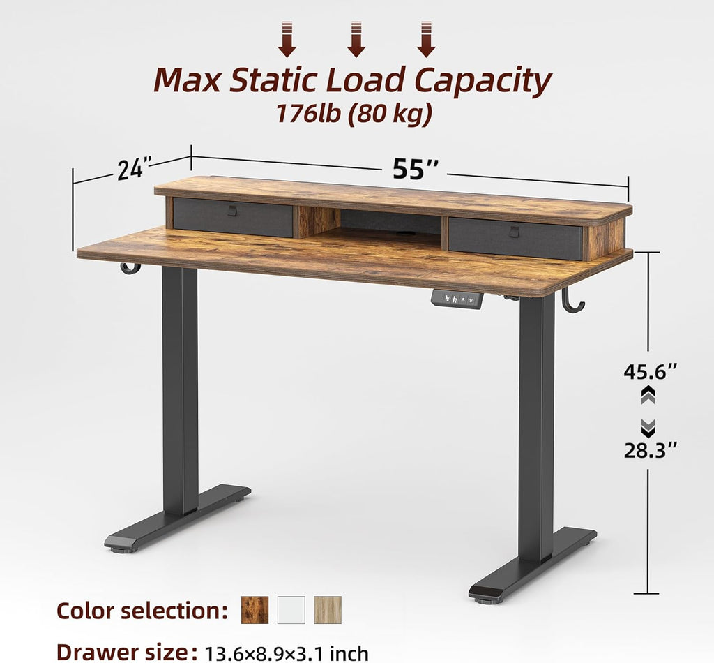 TIQLAB Standing Desk with Two Drawers, Stand Up Standing Desk Adjustable Height, Electric Sit Stand Table with Storage Shelf and Splice Board, 55 * 24 inch, Rustic Brown