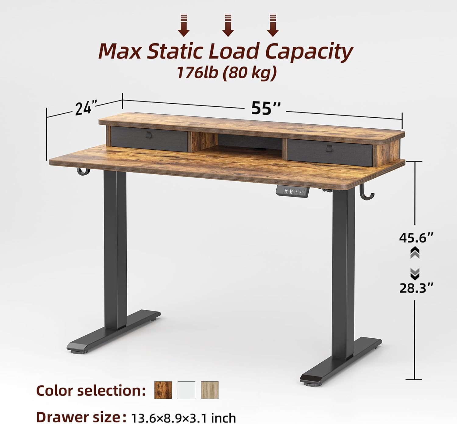 TIQLAB Standing Desk with Two Drawers, Stand Up Standing Desk Adjustable Height, Electric Sit Stand Table with Storage Shelf and Splice Board, 55 * 24 inch, Rustic Brown