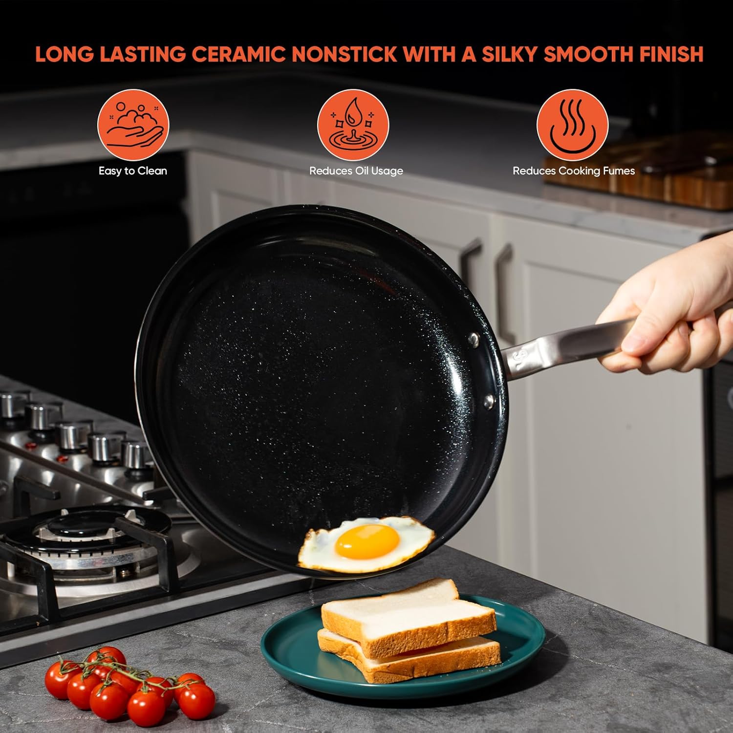 5 Ply Ceramic Non Stick Frying Pans - 10 Inch Stainless Clad Nonstick Skillet, Non Toxic, PTFE & PFOA FREE, Professional Cookware for Induction, All Stoves and Oven up to 650°F