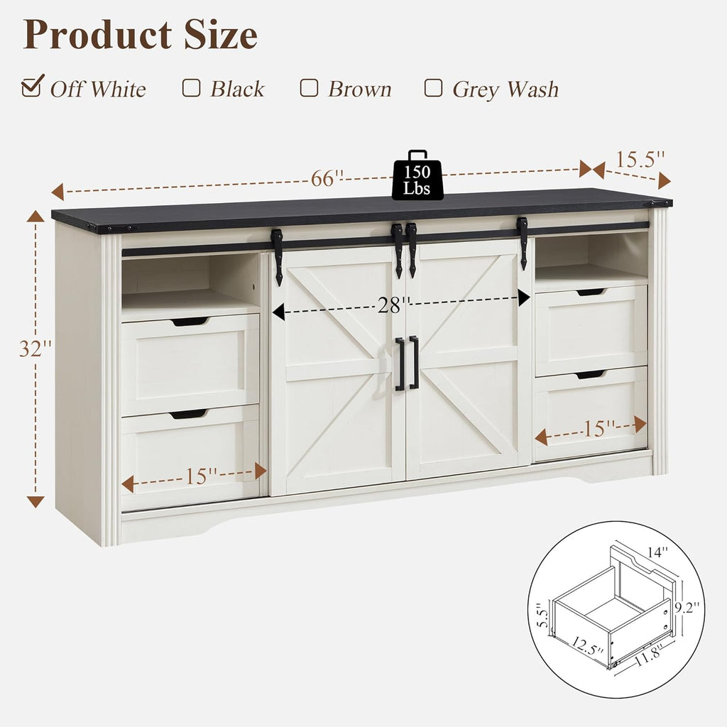 Farmhouse TV Stand for 75+ Inch TV, 32" Tall Entertainment Center w/4 Drawers & Sliding Barn Door, Rustic Media Console w/Storage Shelves, 66" Wood Television Stand for Living Room, Off White
