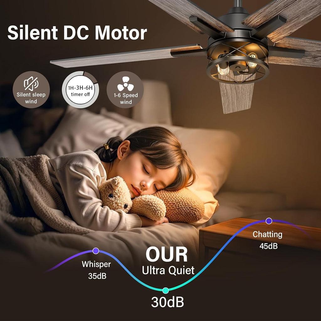 52 Inch Black Caged Ceiling Fans with Lights and Remote, Reversible, 3CCT, Dimmable, Noiseless, Double-Sided 5 Blades Ceiling Fan for Bedroom, Farmhouse, Living Room, No Light Bulbs Included