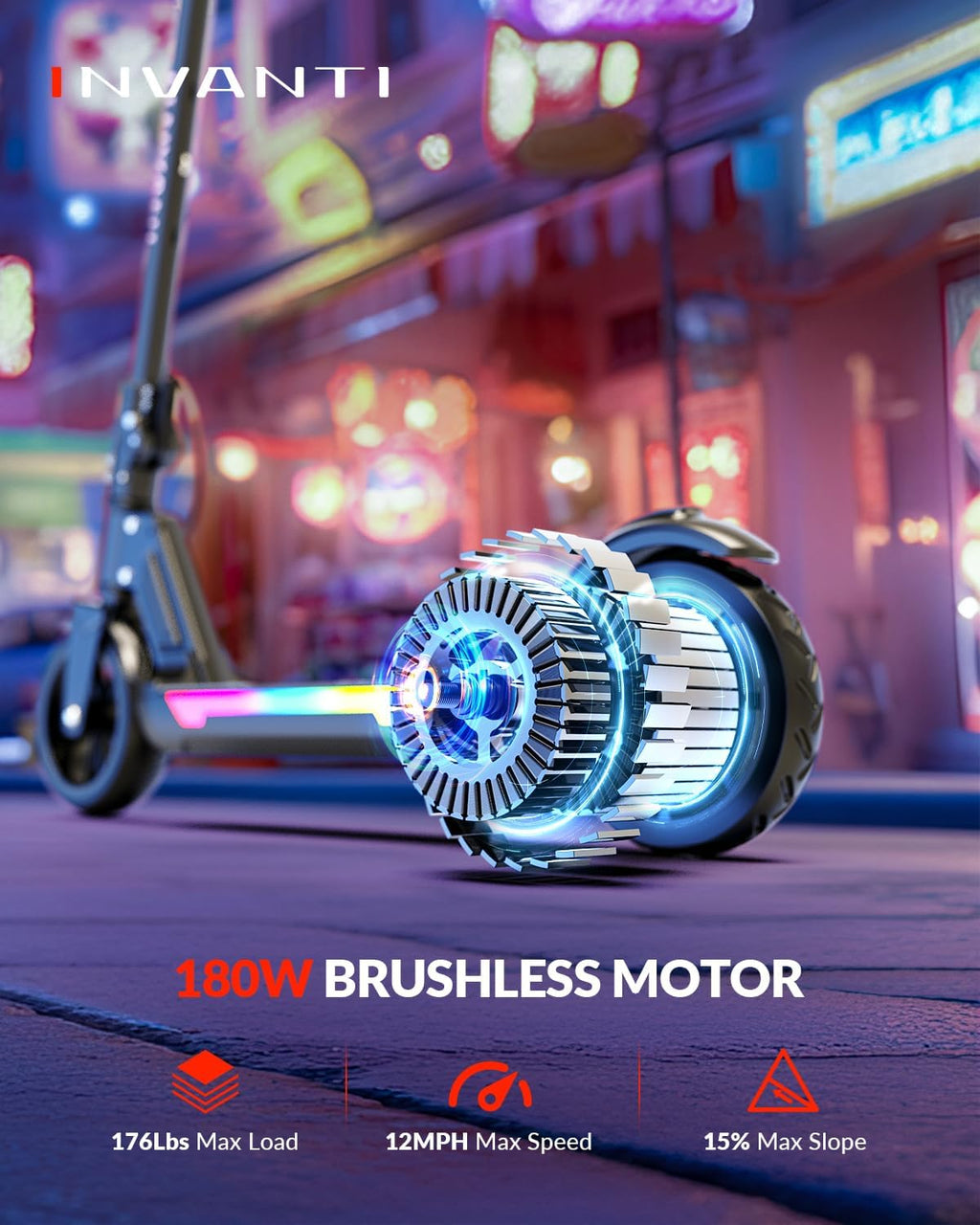 INVANTI KS03 Electric Scooter for Kids Ages 8+, 350W Peak Motor, Max 12mph & 10Miles, 7" Solid Wheel, LED Lights & Display, Double Braking, Kids Electric Scooter with 3 Adjustable Speeds & Heights
