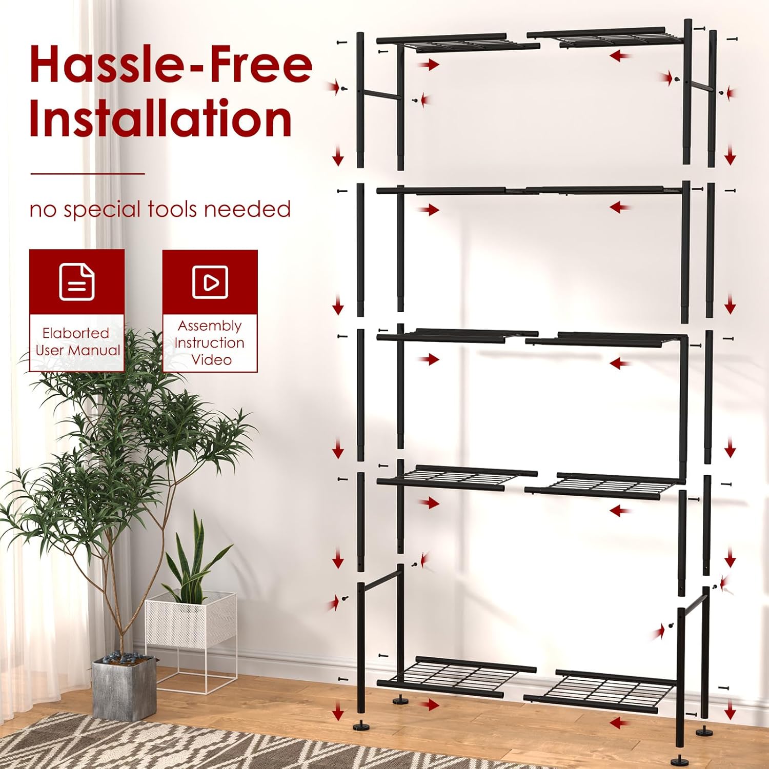 Sakugi Storage Racks - 2 Pack, 5-Tier Freestanding Steel Shelving Units with Reinforced Frame, Adjustable Garage Organization Shelves for Warehouse, Basement, Workshop, 33.5" x 12.6" x 72", Black