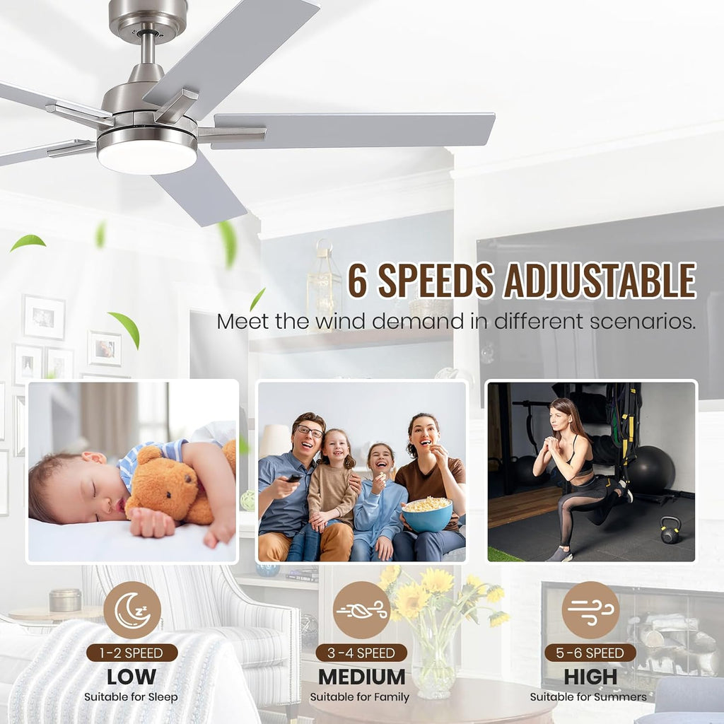 Ceiling Fans with Lights, 52 inch Brushed Nickel Ceiling Fans with Lights and Remote Control, Reversible, 3CCT, Dimmable, Noiseless, Downrod, Modern Ceiling Fan for Bedroom, Indoor/Outdoor Use