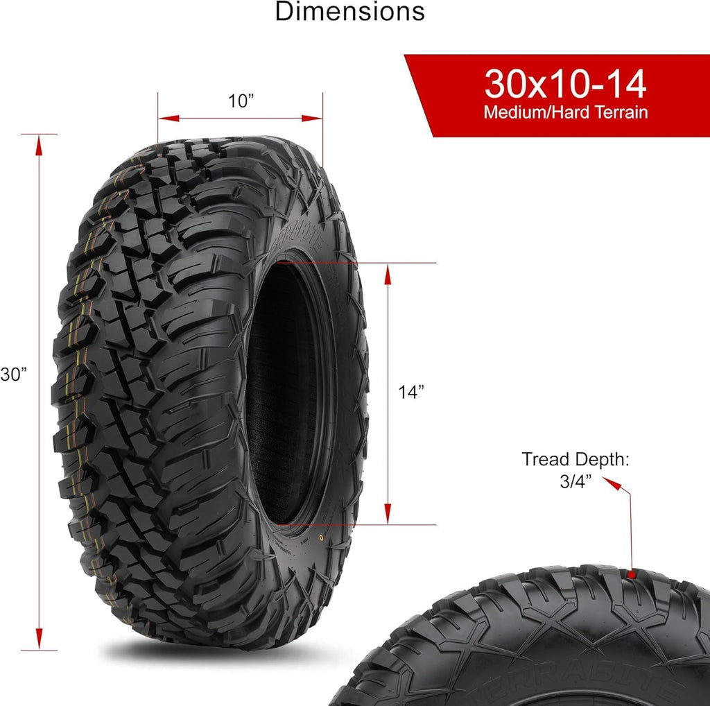 Tusk Set of 30x10-14 TERRABITE Heavy Duty 8-Ply Radial UTV Tires mounted on CASCADE Wheels - Compatible with POLARIS applications 4/156 bolt pattern Includes Lug Nuts (4+3 Offset, Machined/Black)