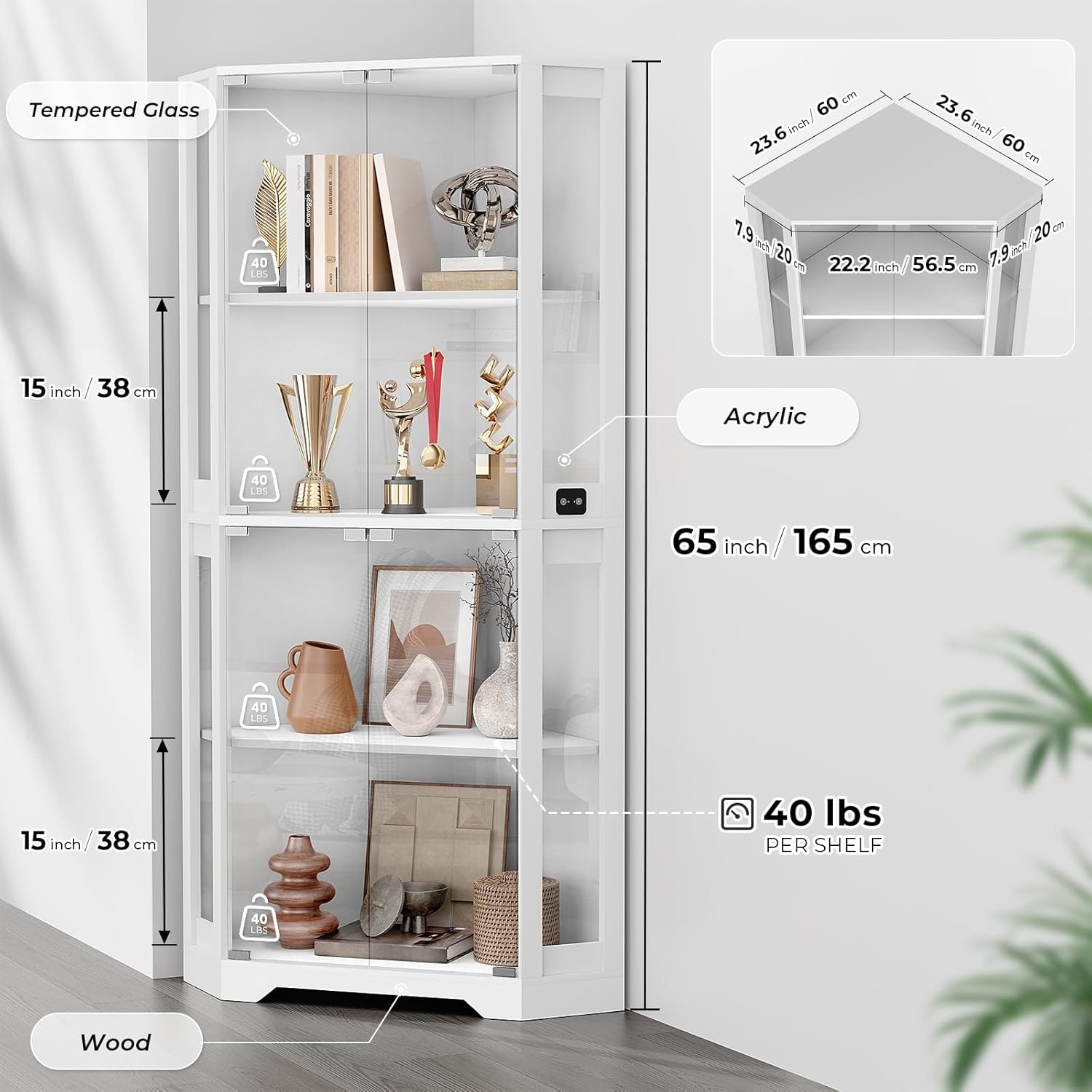BROTTAR Corner Display Cabinet with Glass Doors, 65" Lighted Curio Display Case with 3 Color Lights for Collectibles, Books, 4-Tier Bookcase with Human Body Sensor, White