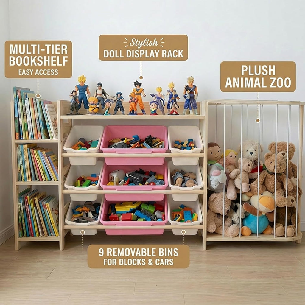 Amdermi Kid's Toy Storage Organizer with Bookcase & Plush Stuffed Animal Zoo, Multi-Bin Toy Storage Shelf for Toddlers, 4-in-1 Wooden Display Rack for Playroom, Bedroom & Nursery (Pink)