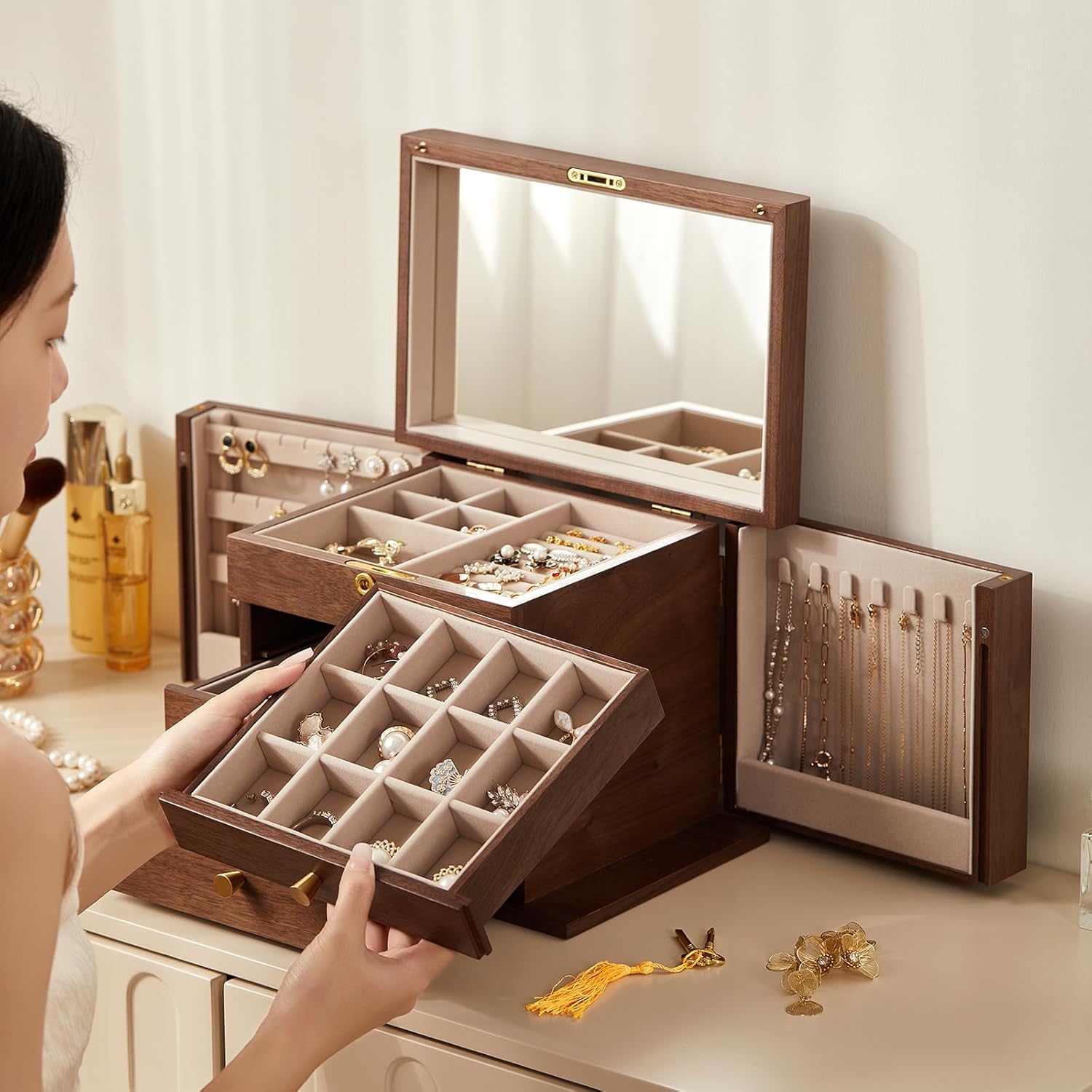 CHOSIN Black Walnut Wooden Jewelry Box, 4 Layer Lockable Wood Jewelry Organizer with Mirror, Side Doors & Brass Handle, Classical Design for Rings, Necklaces, Earrings, Mothers Day Gifts for Mom