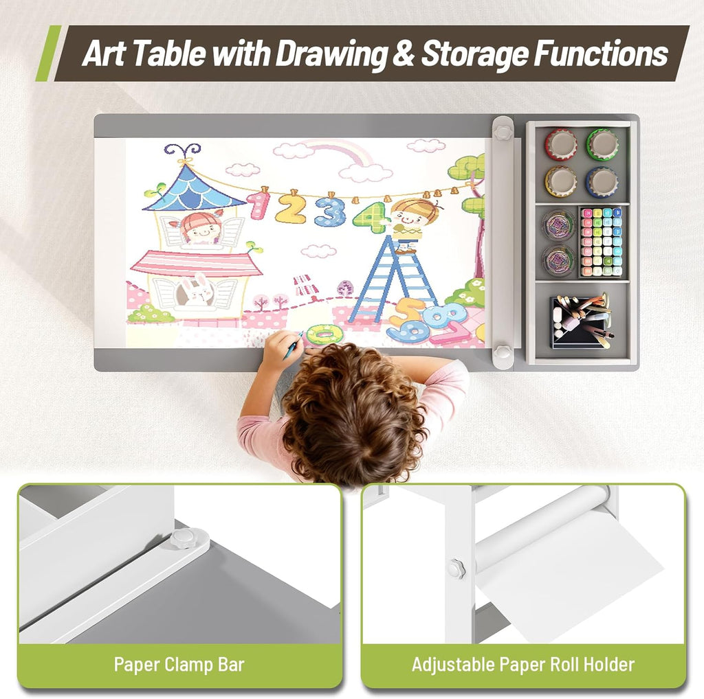 Kids Art Table and Chair Set, Wooden Toddler Activity Desk with Removable Tabletop Shelf and 5 Storage Drawers, Paper Pressing Rod & Roll Holder for Playroom, Nursery, Grey and White