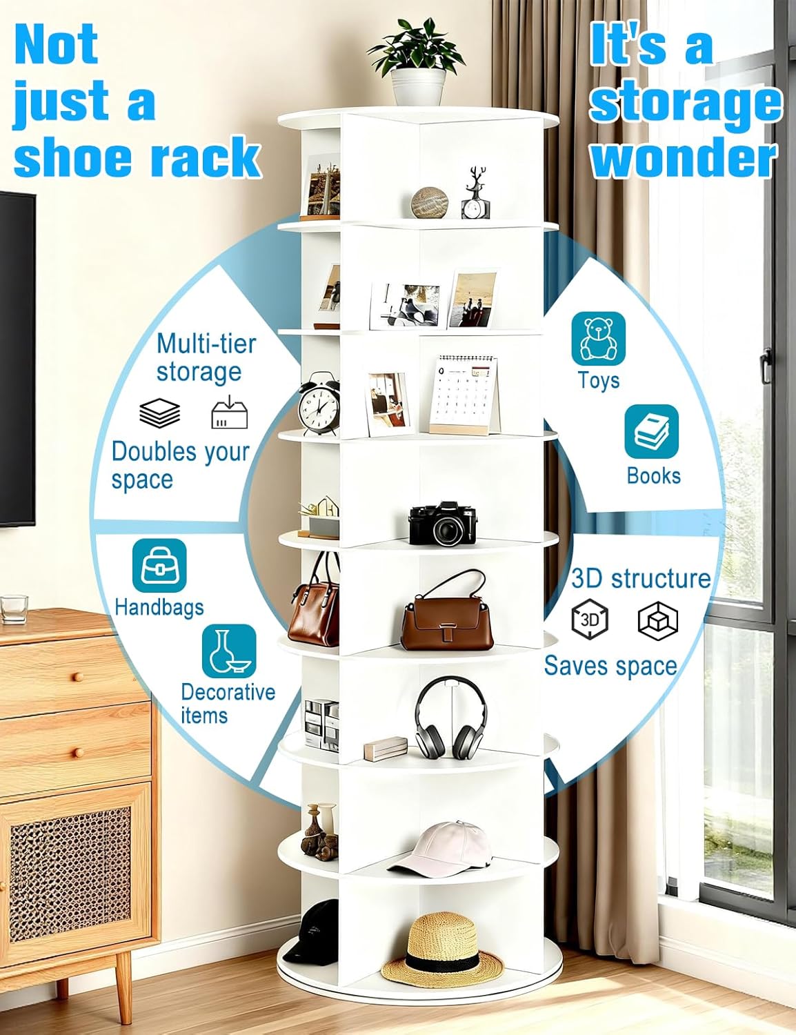 8 Tier Rotating Shoe Rack Tower, Spinning Shoe Organizer Rotating Shelf, Space-Saving 360° Revolving Shoe Rack Storage Round Carousel for Entryway, Closet & Bedroom (Shoe Rack 01)