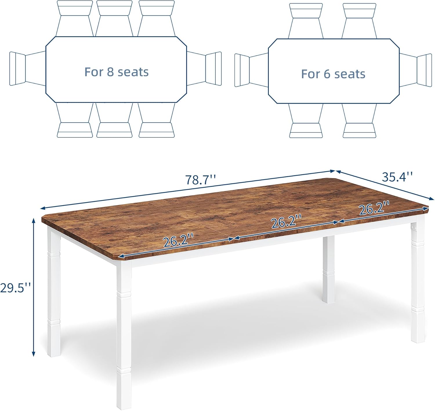 Garvee Large Dining Table for 6-8 People, 79" Wooden Kitchen Table with Sturdy Metal Frame, Dining Room Table for Dining Room, Kitchen, White Leg & Retro