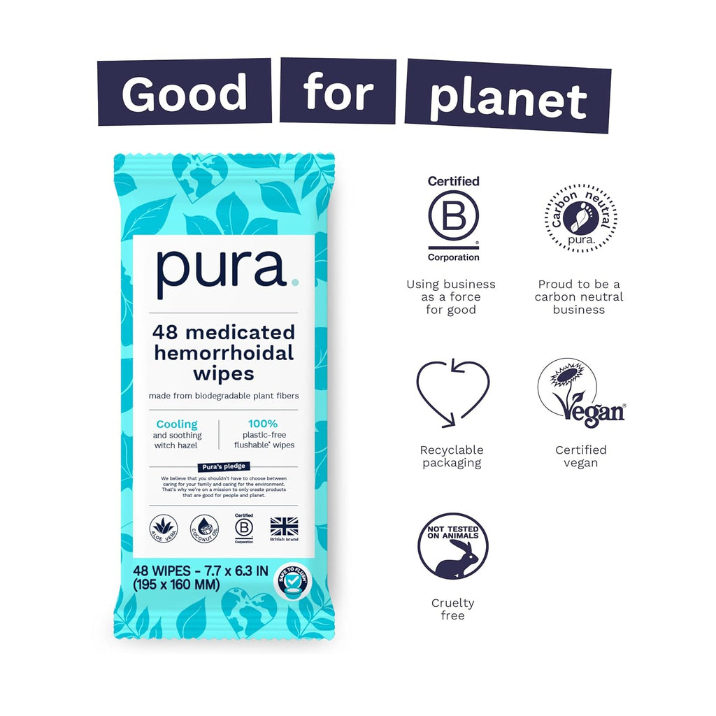 Pura XL Flushable Medicated Wipes for Hemorrhoid Relief, Extra-Large, Fragrance-Free Wet Wipes with Witch Hazel, Coconut Oil & Aloe, Skin Soothing, 96 Wipes (2 Packs)