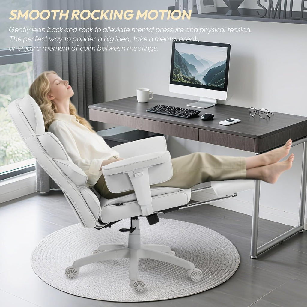 Dowinx Big and Tall Office Chair with Pocket Spring Cushion,High Back Computer Gaming Chairs with Adjustable Armrests,Executive Desk Chairs with Lumbar Support and Footrest,Fabric White