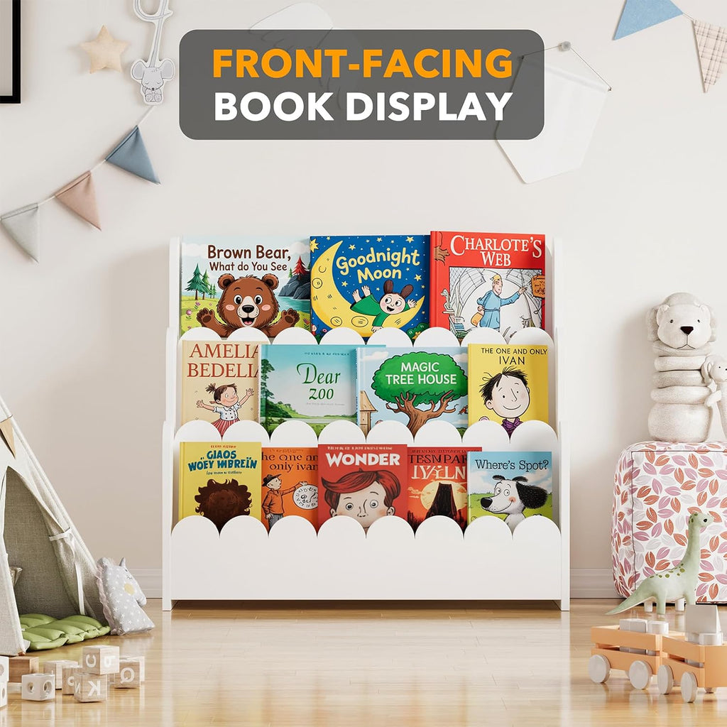 SpaceAid 3-Tier Scalloped Bookshelf, Montessori Bookcase for Toddlers, Wooden Book Shelf Organizer Display Furniture for Kids Rooms, Playroom, Nursery and Classroom, White