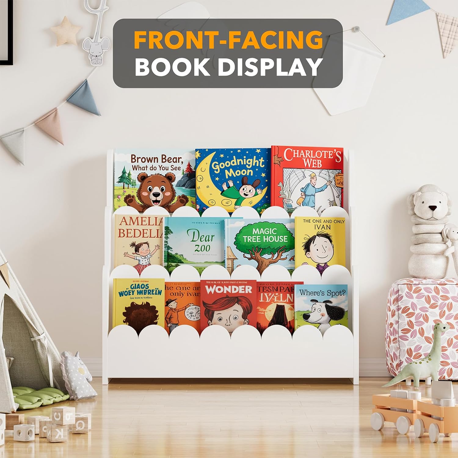 SpaceAid 3-Tier Scalloped Bookshelf, Montessori Bookcase for Toddlers, Wooden Book Shelf Organizer Display Furniture for Kids Rooms, Playroom, Nursery and Classroom, White