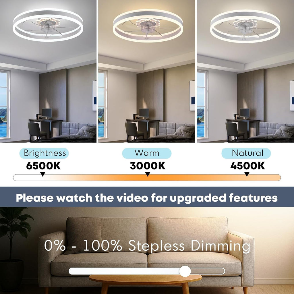 Fszdorj 23.6'' Ceiling Fan with Light, Upgraded Low Profile Fan, Flush Mount Ceiling Fan, 6 Speeds, Dimmable LED, App & Remote Control, Quiet DC Motor, for Bedroom, Living Room, F105 White