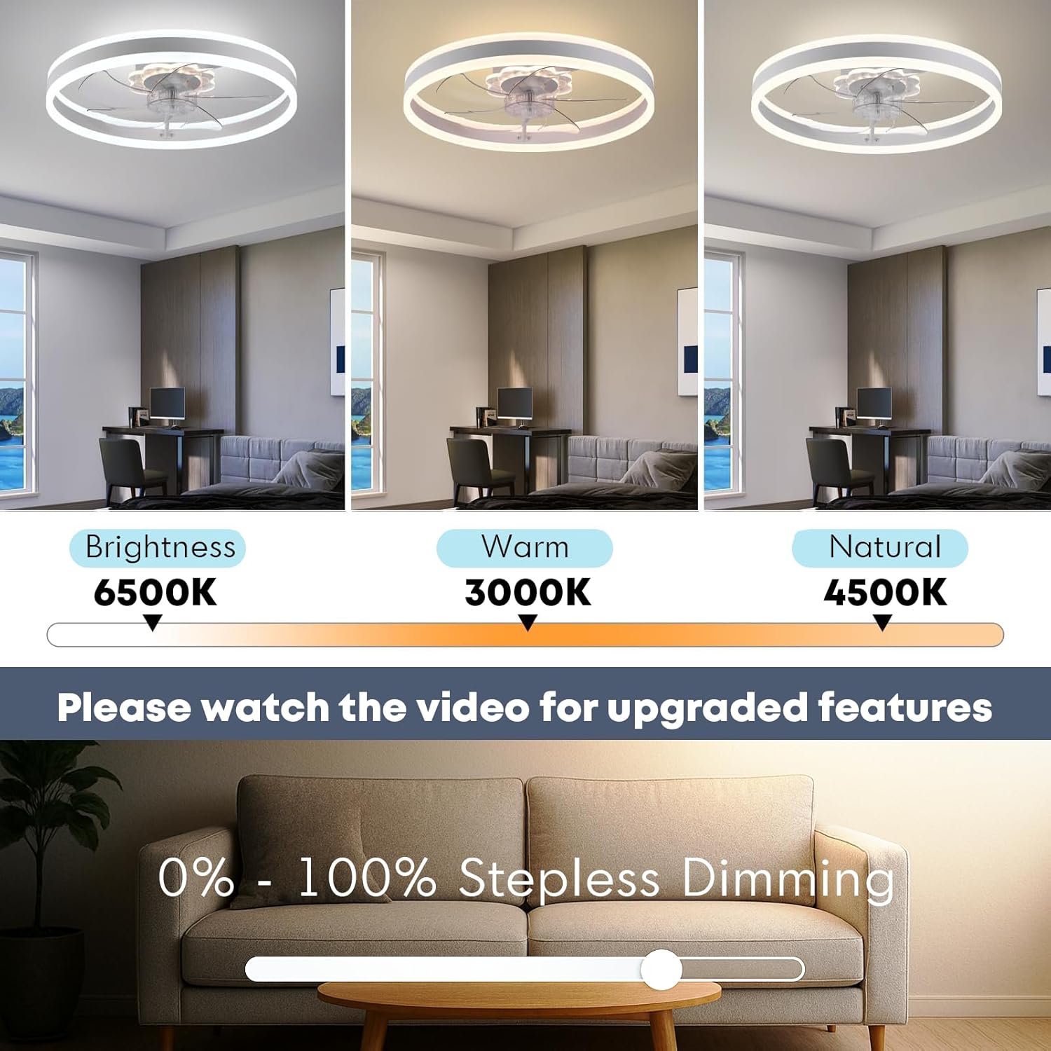 Fszdorj 23.6'' Ceiling Fan with Light, Upgraded Low Profile Fan, Flush Mount Ceiling Fan, 6 Speeds, Dimmable LED, App & Remote Control, Quiet DC Motor, for Bedroom, Living Room, F105 White