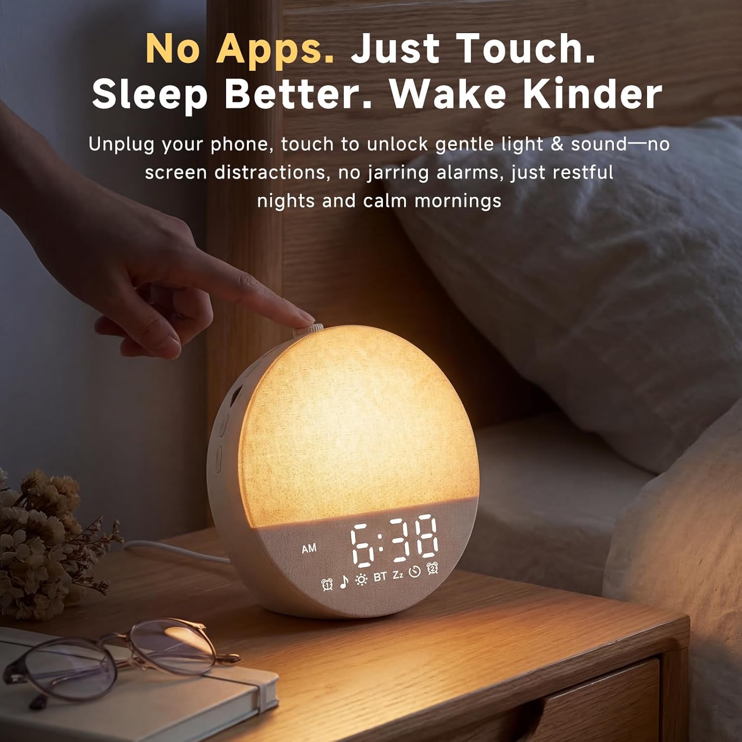 Geuuap Sunrise Alarm Clock White Noise Machine | Natural Wake-Up Light for Bedroom with 30 Soothing Sleep Aids, Bluetooth Speaker, Dimmable Clock, Screen-Free Design for Baby Adults Kids-Khaki