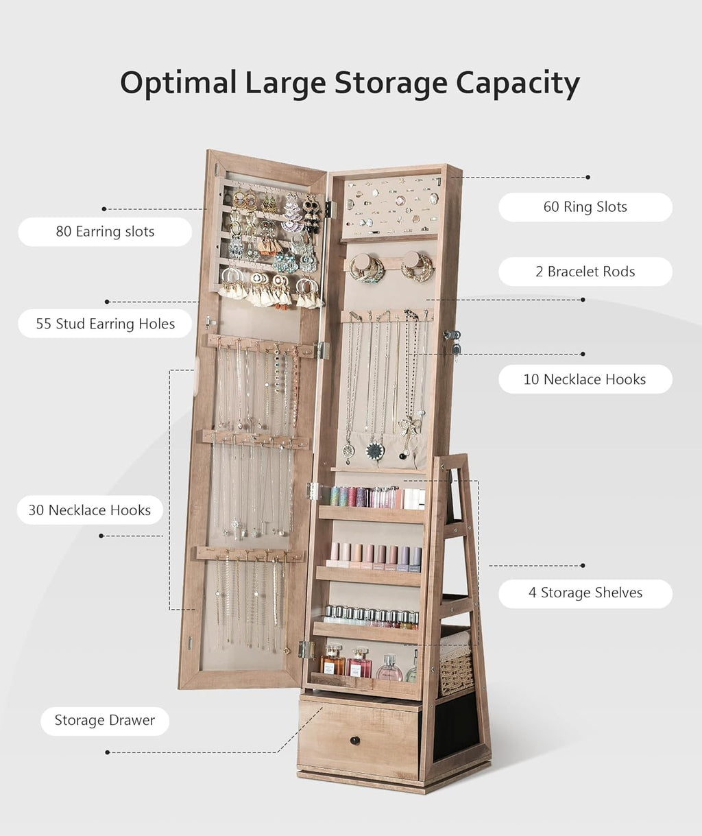 Nicetree 360°Swivel Jewelry Cabinet, Rotatable Full Length Mirror with Jewelry Storage, Standing Jewelry Armoire Organizer, Lockable Jewelry Organizer with 3 Rear Shelves, Bottom Drawer, Oak