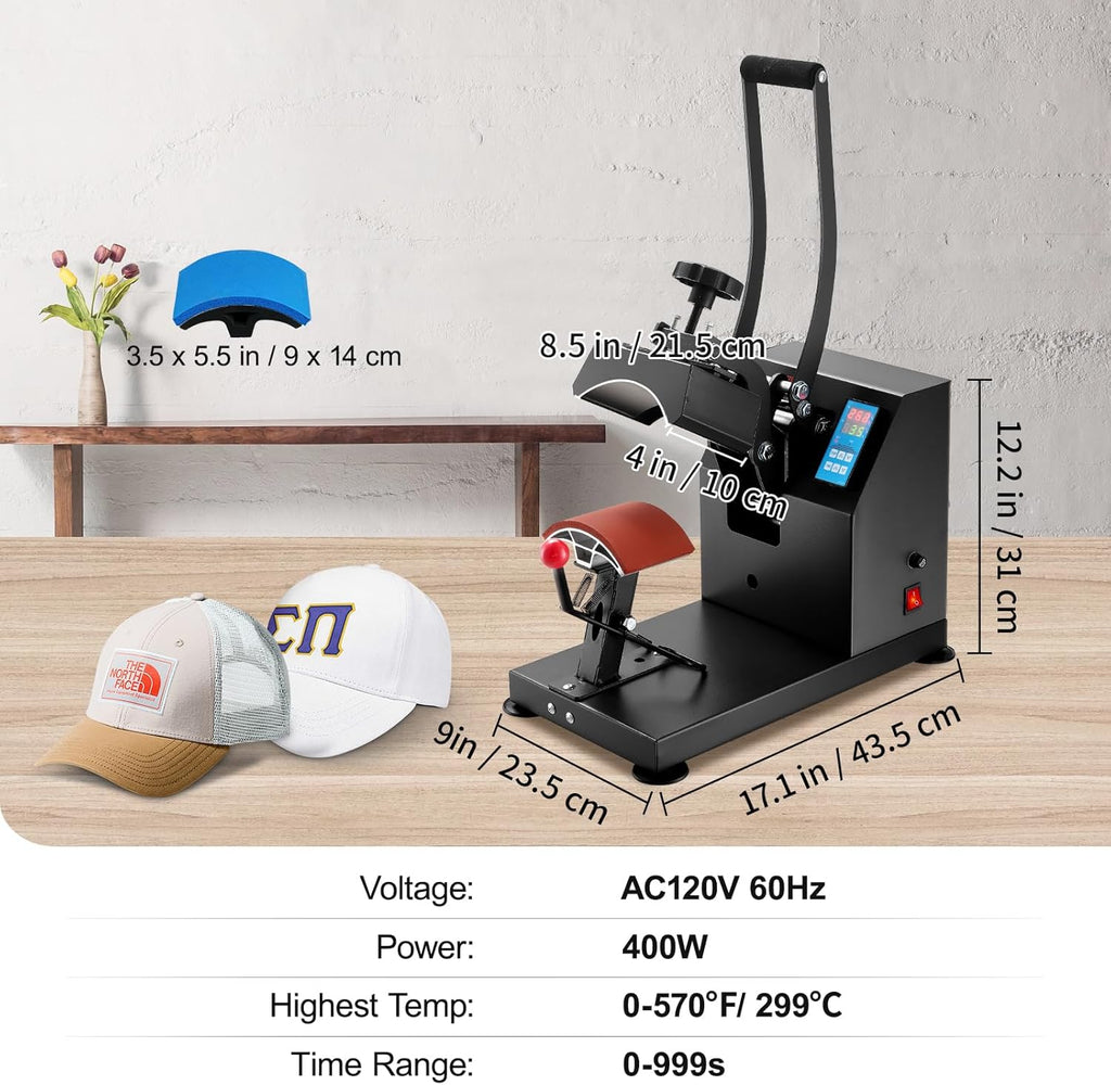 VEVOR Heat Press 6x3.75Inch Curved Element Hat Press Clamshell Design Heat Press for Hats Rigid Steel Frame No Stick Digital LCD Timer and Temperature Control (6x3.75Inch Clamshell Design)