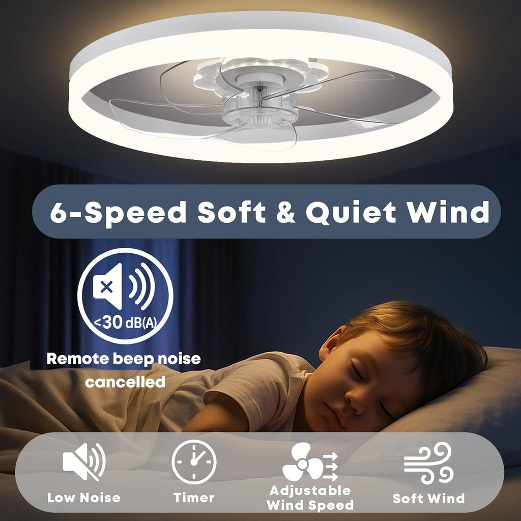 Fszdorj 23.6'' Ceiling Fan with Light, Upgraded Low Profile Fan, Flush Mount Ceiling Fan, 6 Speeds, Dimmable LED, App & Remote Control, Quiet DC Motor, for Bedroom, Living Room, F115 White