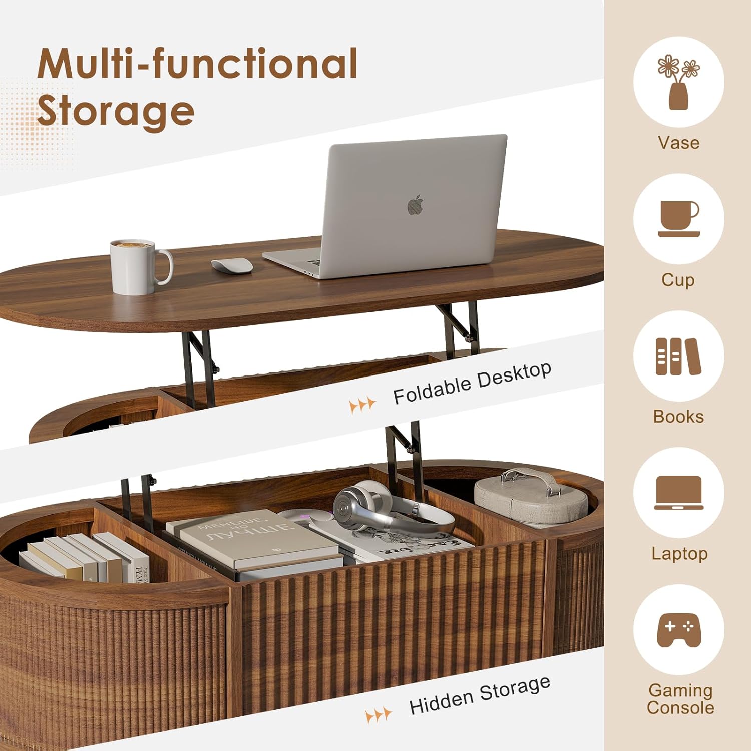 LYNCOHOME Fluted Lift Top Coffee Table with Storage,Modern Oval Coffee Table for Living Room or Home Office（Walnut）