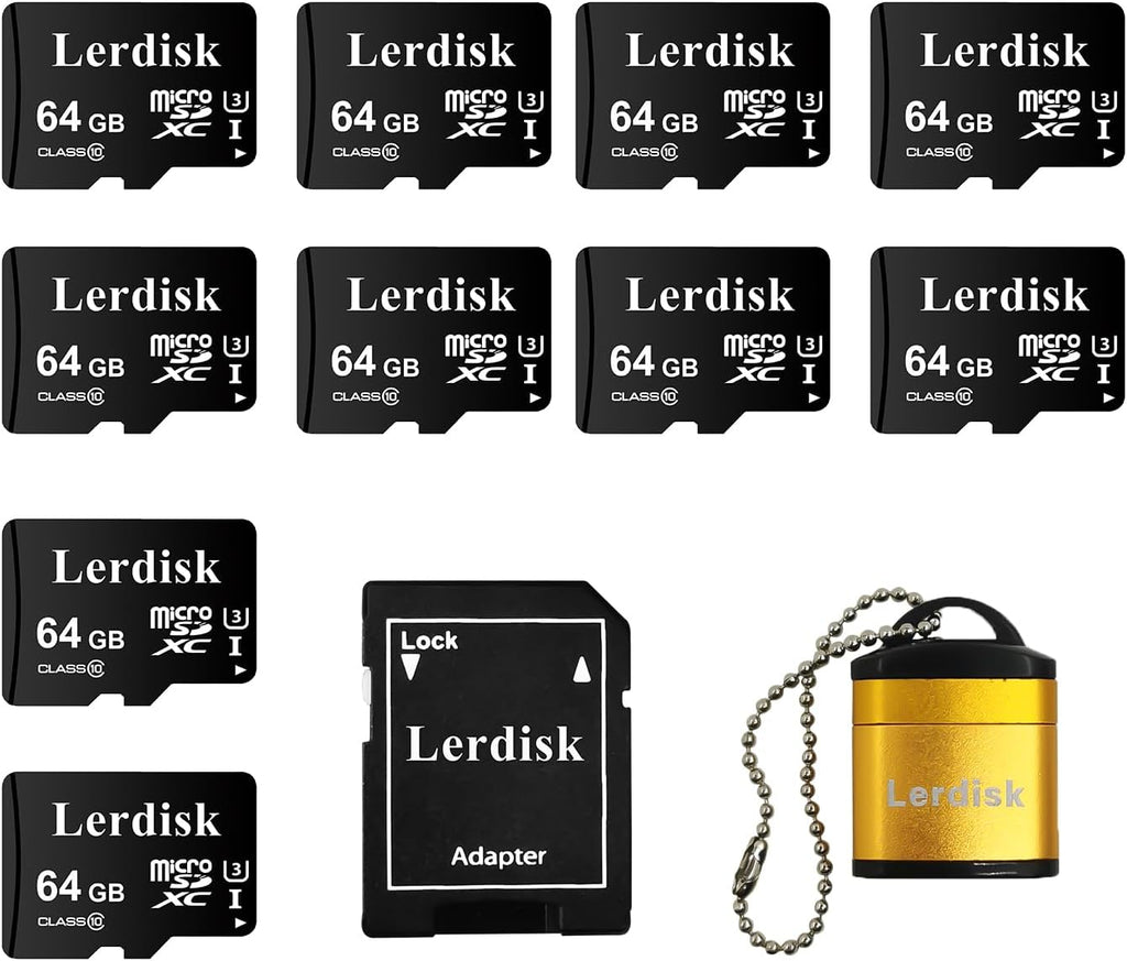 Factory Wholesale 64GB Micro SD Card 10-Pack, U3 A1 V30 Class 10, 80+MB/s Read for 4K Camera, Game Console, Drone,CCTV -with SD Adapter(10x64GB)