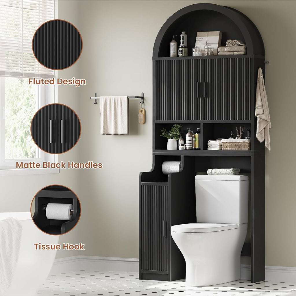 Itaar Arched Over The Toilet Storage Cabinet, 78.7" H Fluted Bathroom Organizer with Reversible Side Cabinet, Adjustable Shelves, Anti-Tipping, Hooks & Paper Holder for Bathroom Laundry Room, Black