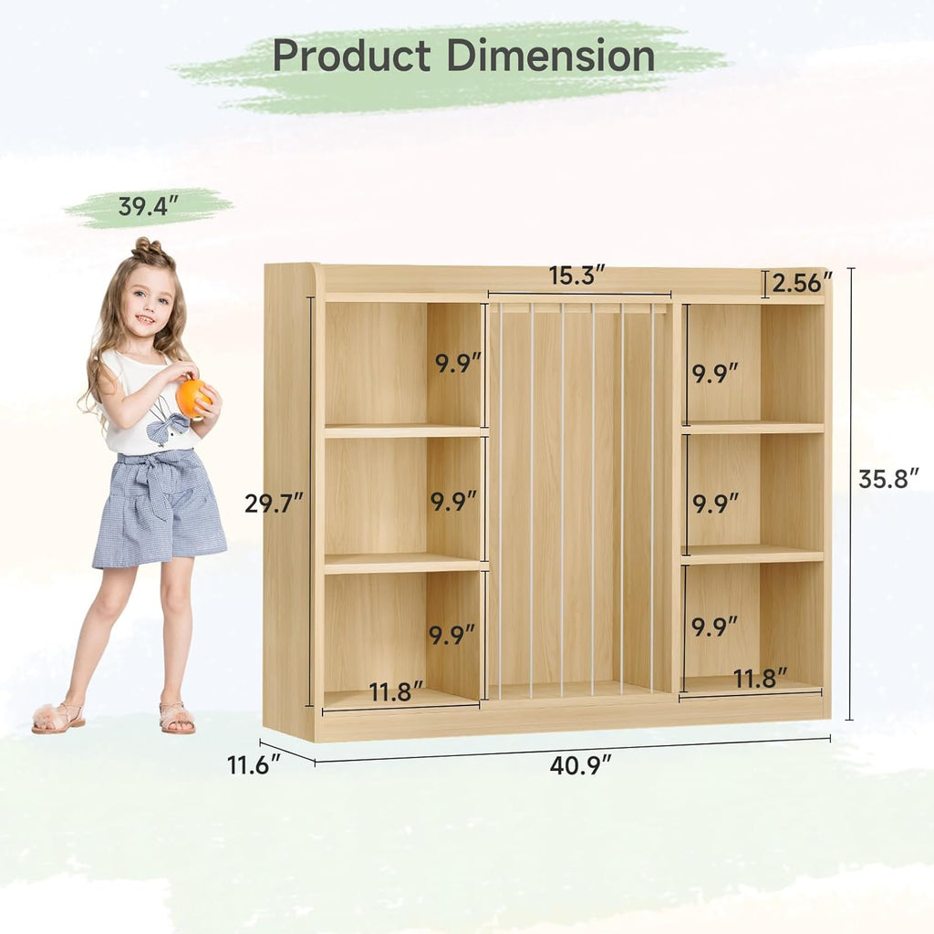 Toddler Stuffed Animal Zoo, Toy Storage Organizer for Playroom, Plush Toy Organizers and Storage, Book Shelf for Kids Rooms, Elastic Band Child Bookcase, Toy Shelf with 8 Storage Cubbies (Maple Wood)