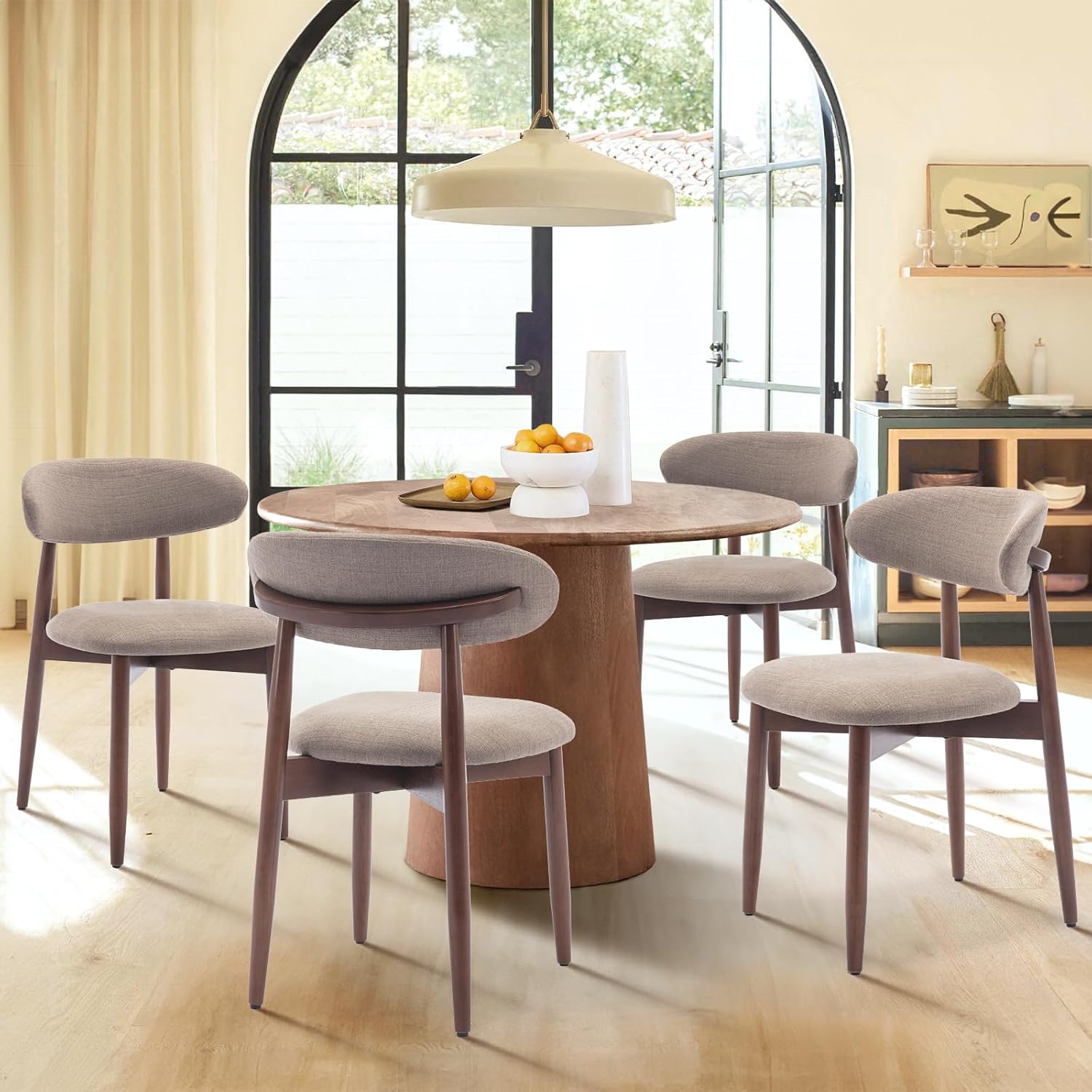 COLAMY Wooden Dining Chairs Set of 4, Modern Fabric Upholstered Dining Room Chair, Farmhouse Kitchen Chairs with Foot Pegs, Camel
