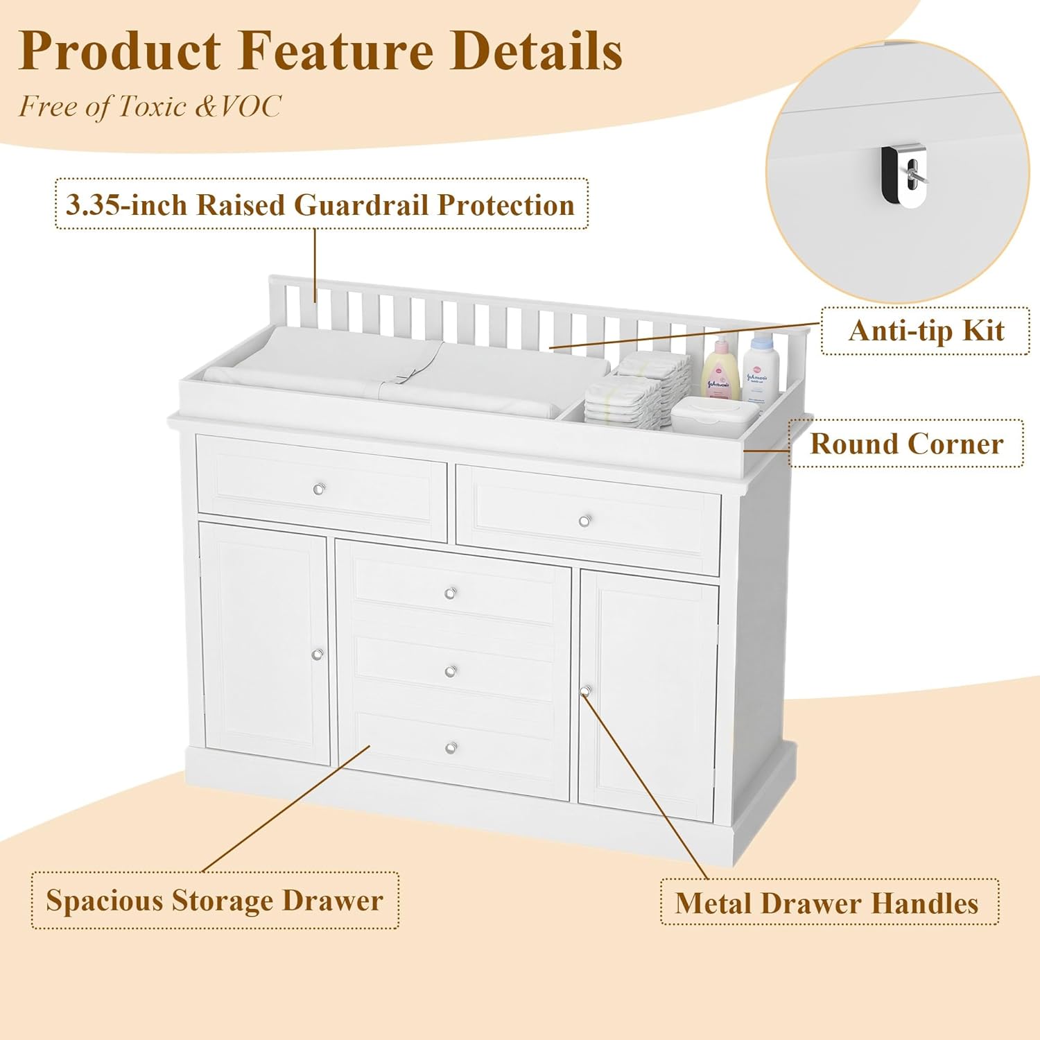 Timechee 46“ Baby Dresser with Changing Table Top, White Dresser with Storage Drawers and Doors for Nursery, Multifunctional Nursery Baby Changing Table Dressers, Diaper Station Cabinet for Kids Room
