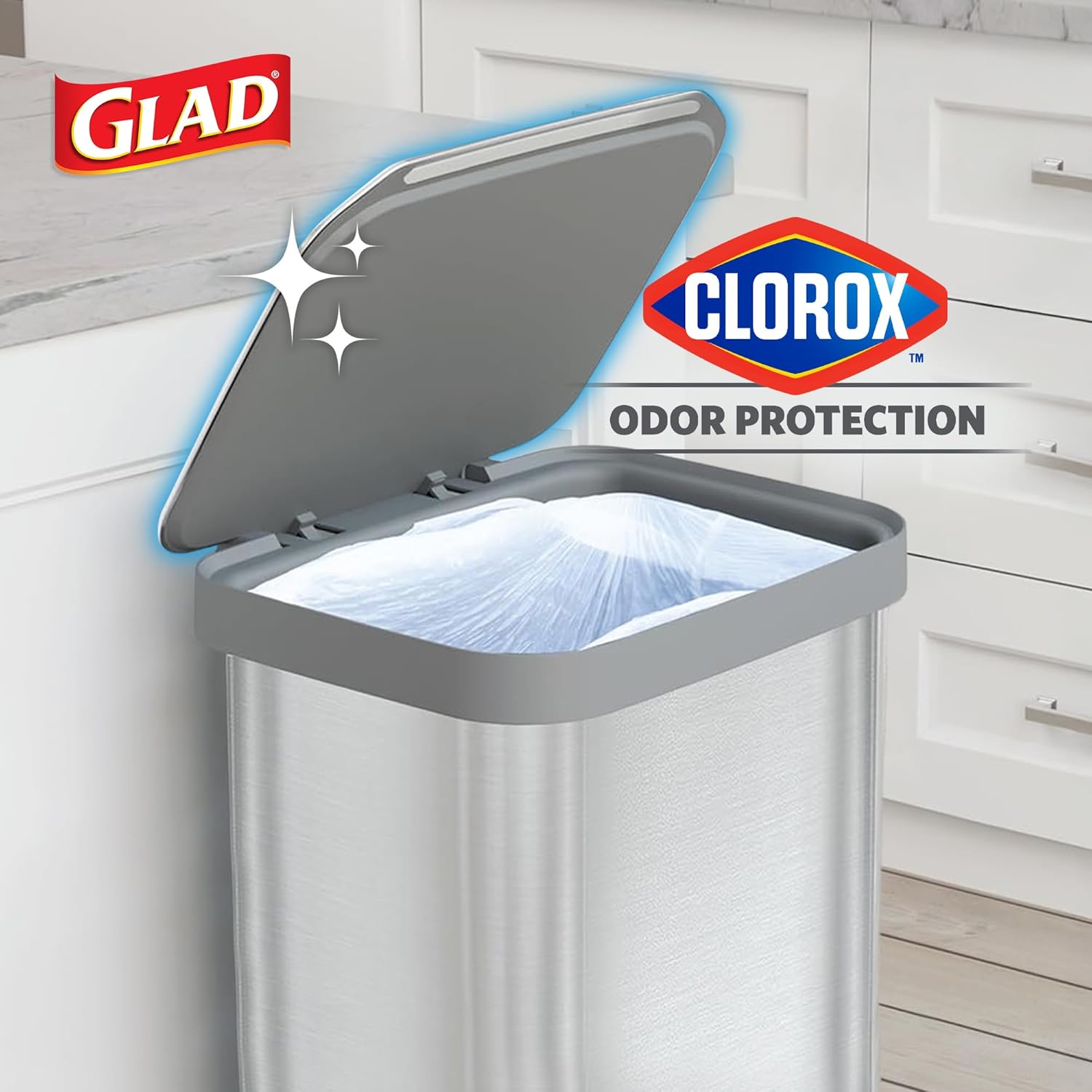 Glad Stainless Steel Step Trash Can, Series 2 with Clorox Protection - Large Metal Kitchen Garbage Bin with Soft Close Lid, Foot Pedal and Waste Bag Roll Holder, 20 Gallon
