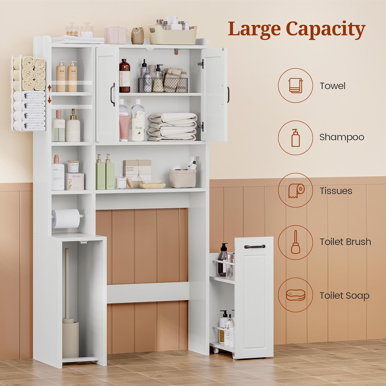 UPOSOJA Over The Toilet Storage Cabinet with Pulley Small Bathroom Storage, Space Saver W/Adjustable Shelf & Rack for Bathroom, Restroom, Laundry (White-Type B)