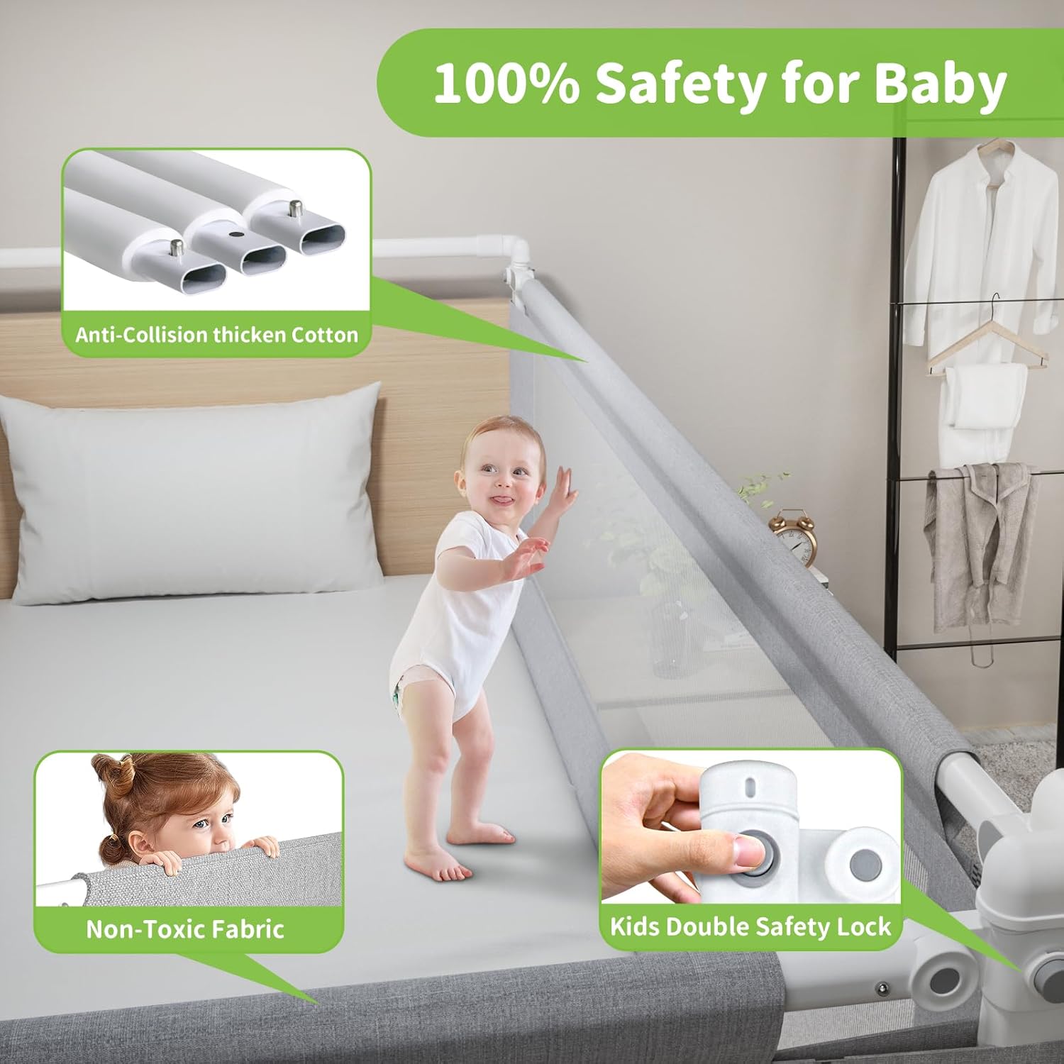 yulongtengfei 3-Piece King Size Bed Rail for Toddlers - Adjustable Baby Bed Rail Guard, Kids Safety Bed Rail for King Size Bed (78.7"x78.7"x74.8"-Grey)