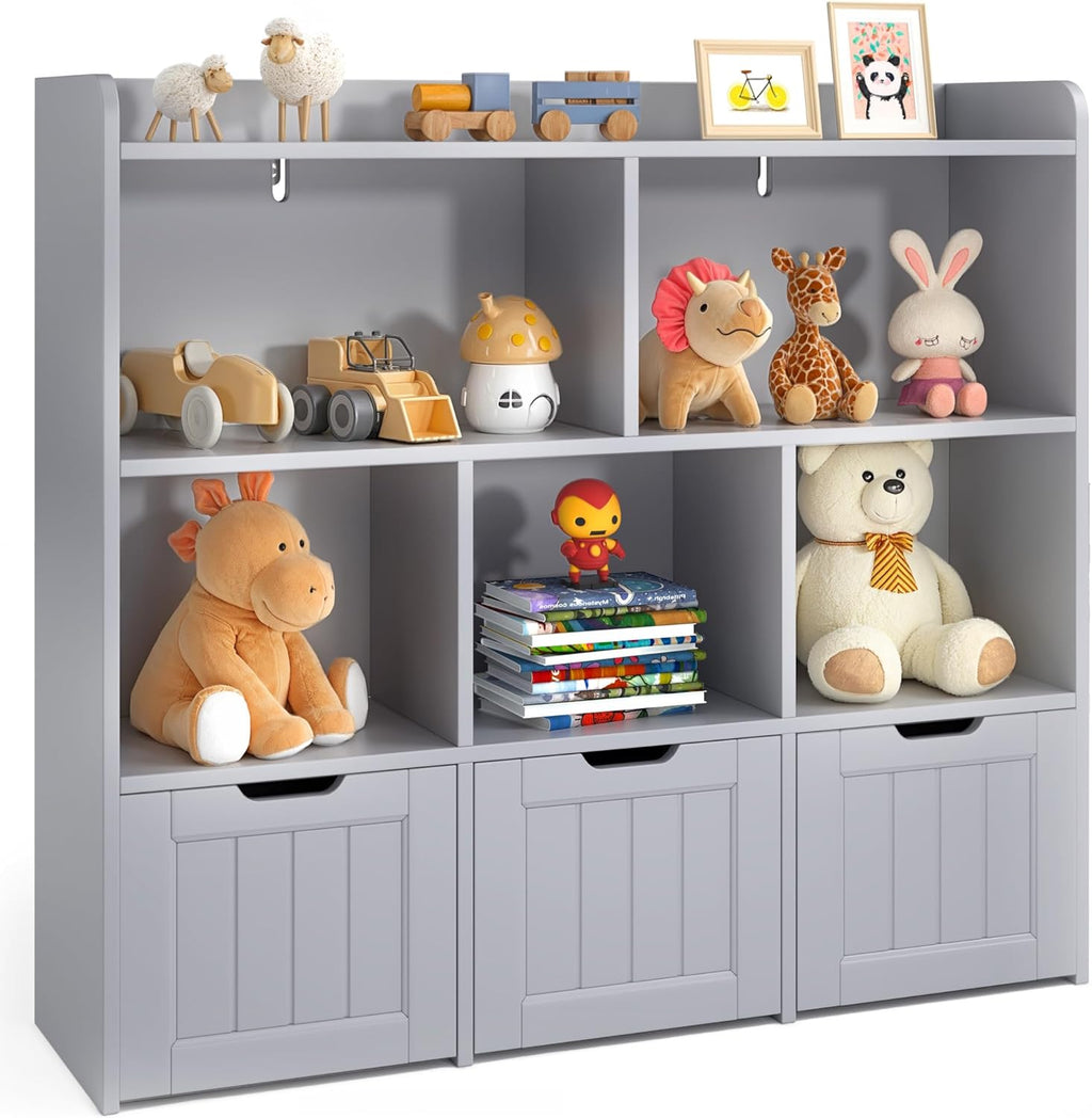 Gizoon Toy Storage Cabinet and Kids Bookcase with 3 Movable Drawers and 6 Open Shelves Featuring Fall Prevention Barrier for Playroom Nursery Kids Room Organization, Gray