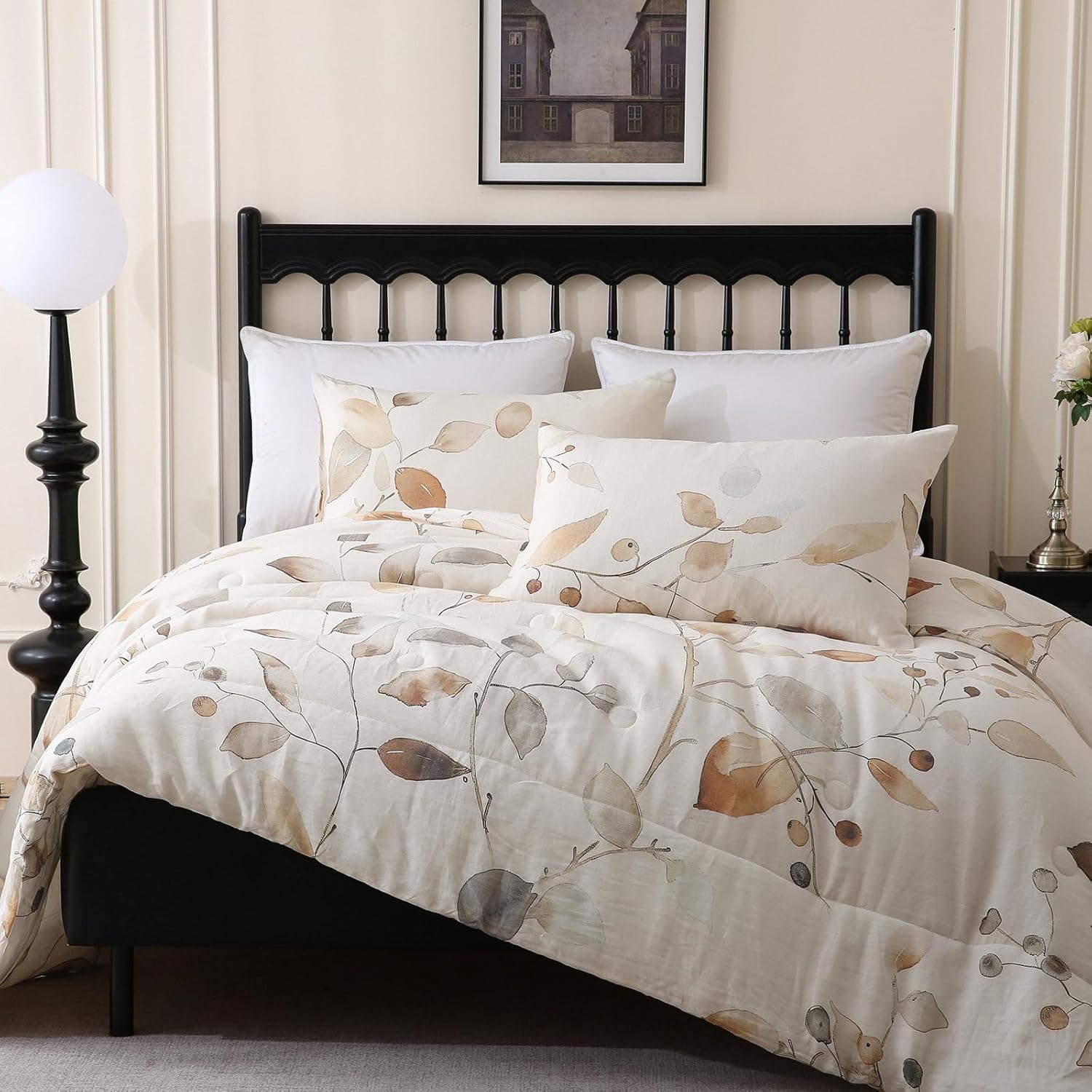Merryword Linen Leaves Comforter Set Queen Size 3 Pieces Natural French Flax Linen Bedding Soft Breathable Moisture Wicking Comfy