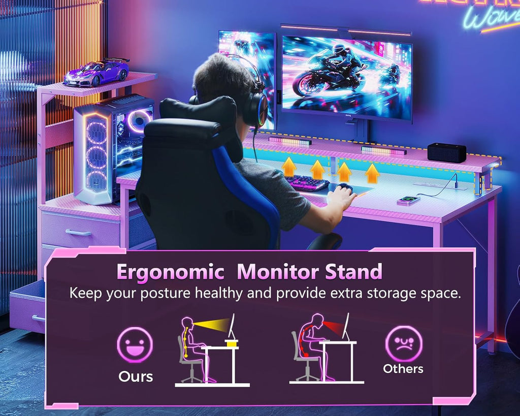 AODK 59 Inch Gaming Desk with USB Charging Ports & LED Light- Reversible Computer Desk with Storage Shelves & Monitor Stand, Modern Gamer Desk Table with Fabric Drawers, Pink