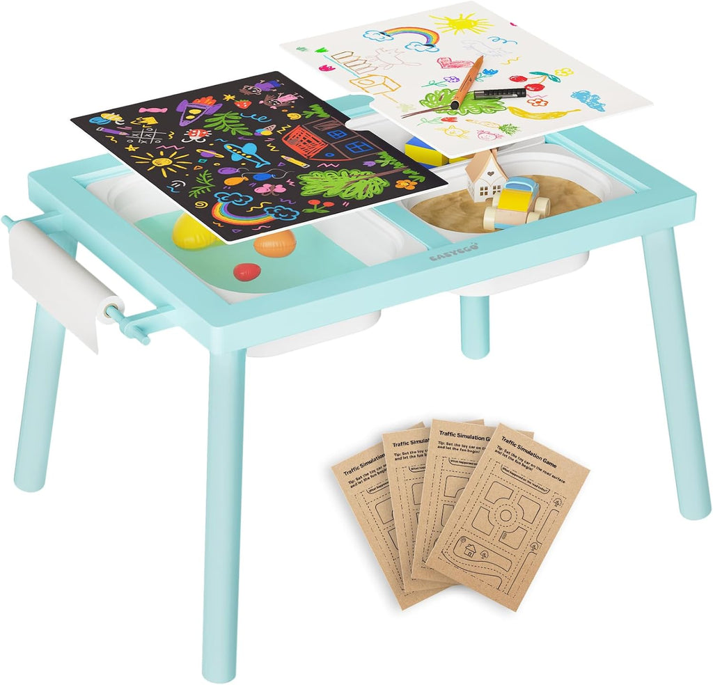 Easyego Sensory Table for Toddlers Kids Play Wooden Sand Water Table with Double-Sided Board & Foldable Storage Bins for Indoor and Outdoor Use, Birthday Gifts for Boys and Girls - Sky Blue