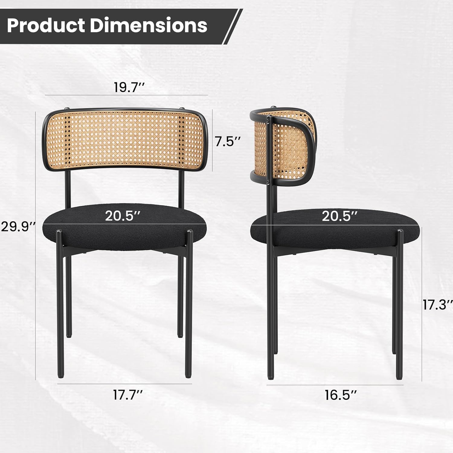 Farini Modern Upholstered Dining Chairs Set of 4,Rattan Back Dining Room Chairs,Accent Kitchen Chairs with Metal Legs,Black