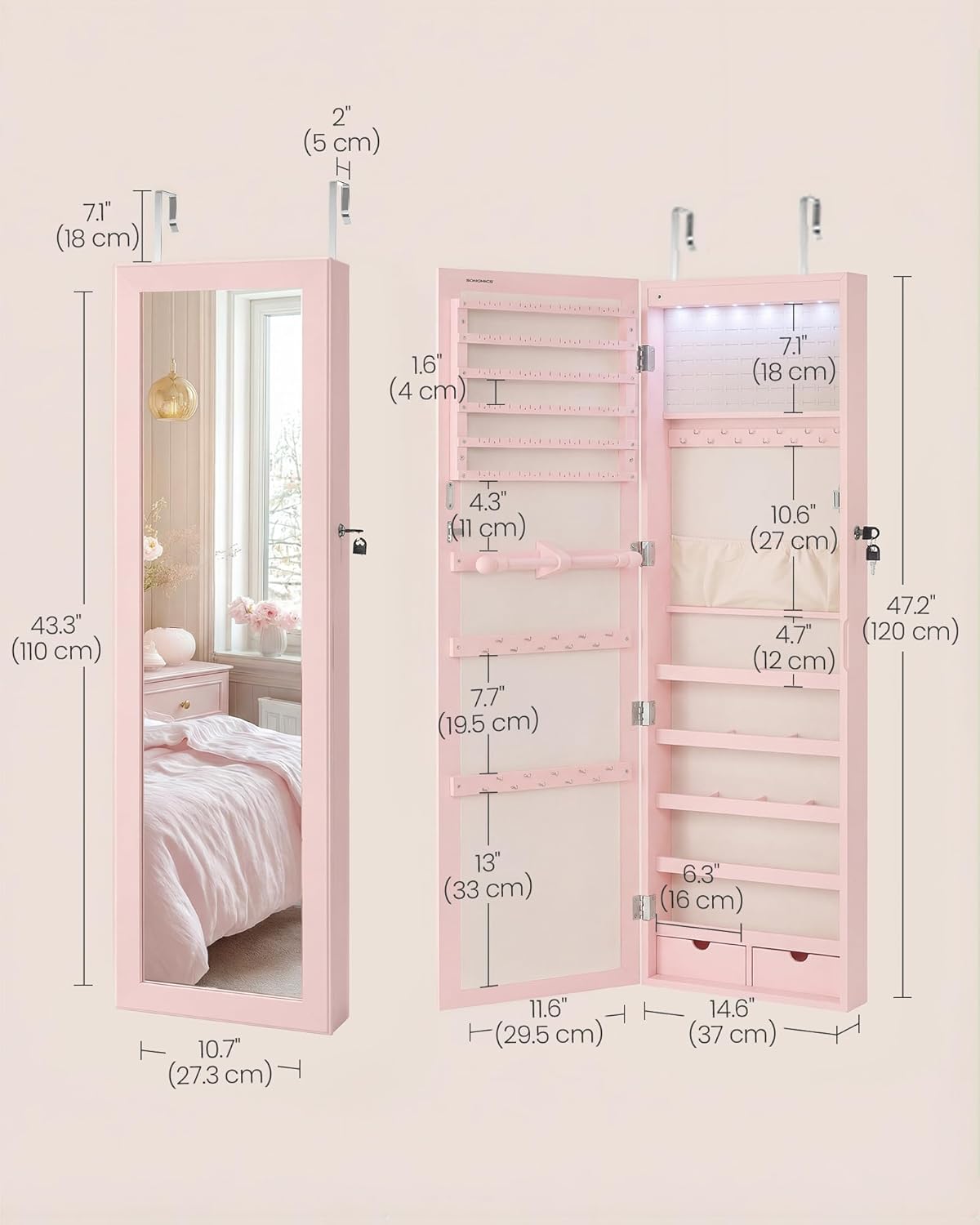 SONGMICS 6 LEDs Mirror Jewelry Cabinet, 47.2-Inch Tall Lockable Wall or Door Mounted Jewelry Armoire Organizer with Mirror, 2 Drawers, 3.9 x 14.6 x 47.2 Inches, Jelly Pink UJJC093SA02S