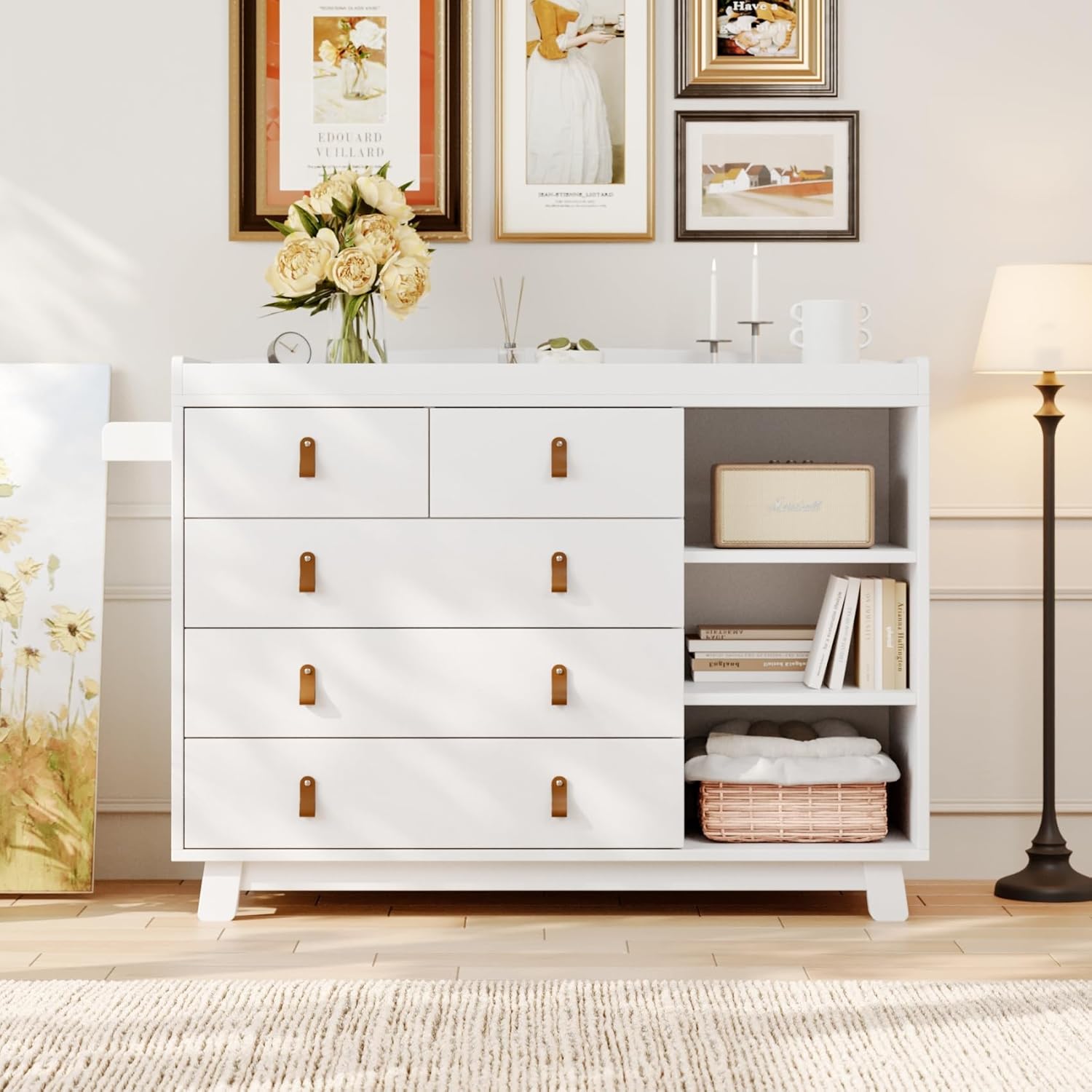 Baby Dresser with Changing Table Top, Baby Changing Table Dresser with 5 Drawers and Adjustable Shelves, Multi-Functional Diaper Changing Station, Nursery Organizer for Kids Bedroom, White