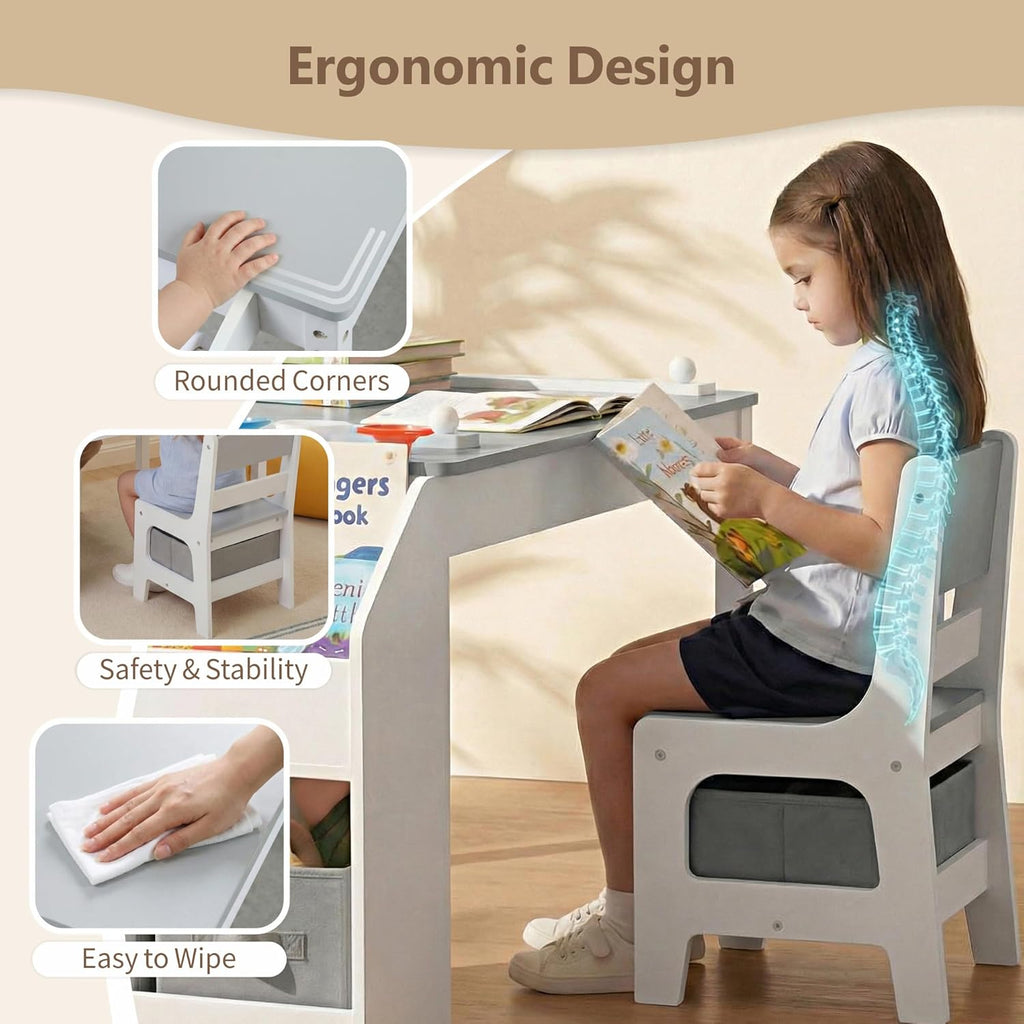 Kinder King Kids Art Table & 2 Chair Set, Wood Toddler Activity Table w/Paper Roll, Bookshelves & Storage Drawers for Kid Drawing, Studying, Playing, Kids Table and Chairs for Playroom, Nursery, Grey