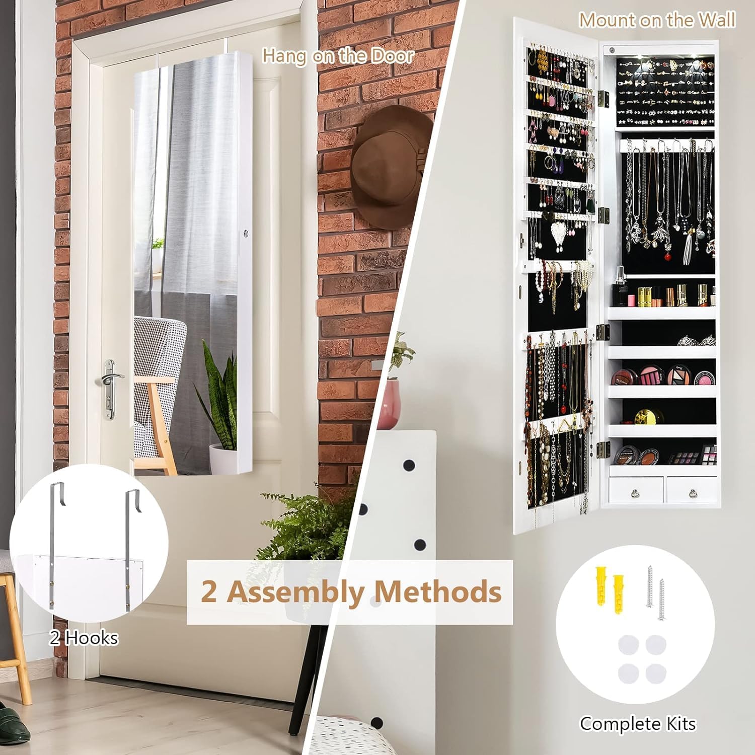 Moccha Wall Door Jewelry Armoire, Full Screen Jewelry Cabinet for Bedroom, Lockable Jewelry Cabinet, Jewelry Organizer Storage with 2 LED Lights and 2 Drawers, White