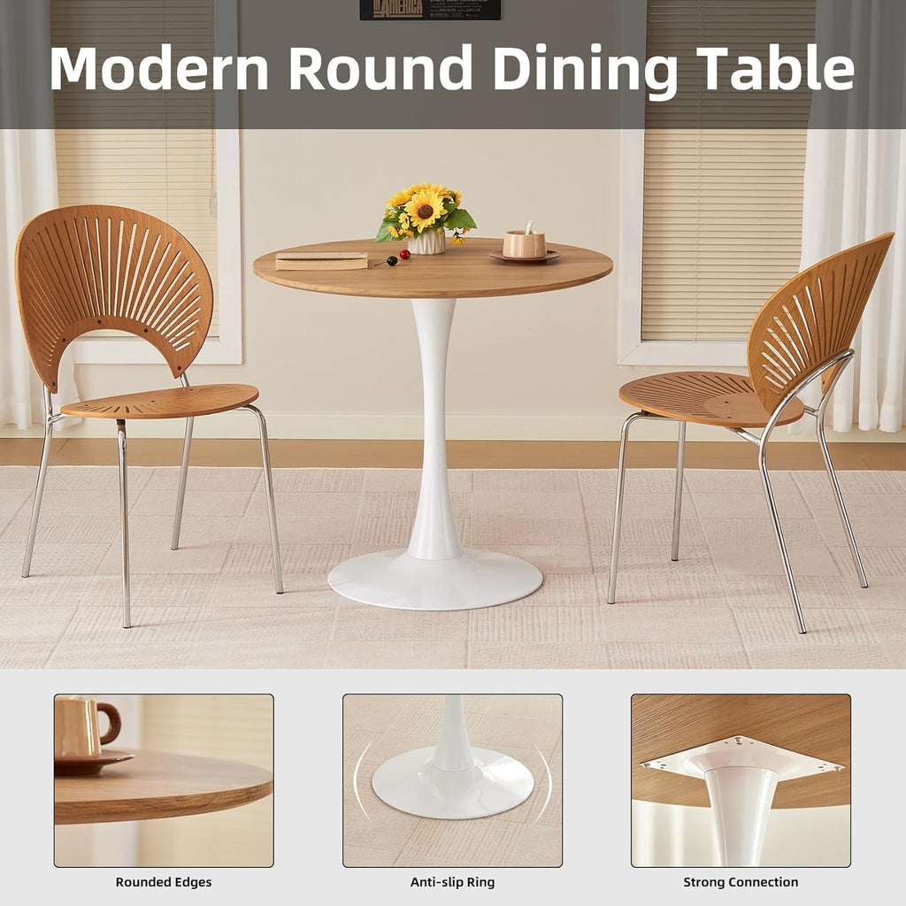 Round Dining Table, 31.5" Circle Tulip Table with Thickened Tabletop & Metal Pedestal, Mid Century Modern Bistro Table for Kitchen, Small Places, Living Room, Cafe (Faux Oak)