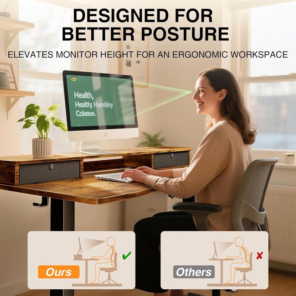 Veken 47.2"×27.6" Standing Desk with Storage Drawers, Adjustable Height Computer Table with Monitor Shelf, Home Office Desk for Study, Gaming, Workstation, Brown