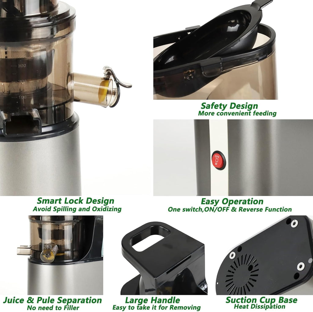 Cold Press Juicer,6.3" Wide Feed Chute Juice Extractor Machine,300W All-Copper Motor Slow Masticating juicer for Whole Vegetables & Fruits,Self Feeding for Juice Extractor Machine, High Juice Yield