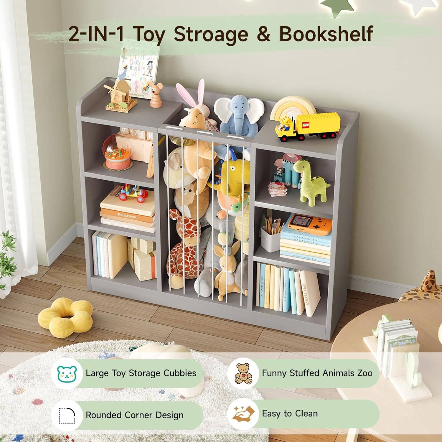 Toddler Stuffed Animal Zoo, Toy Storage Organizer for Playroom, Plush Toy Organizers and Storage, Book Shelf for Kids Rooms, Elastic Band Child Bookcase, Toy Shelf with 8 Storage Cubbies (Grey)