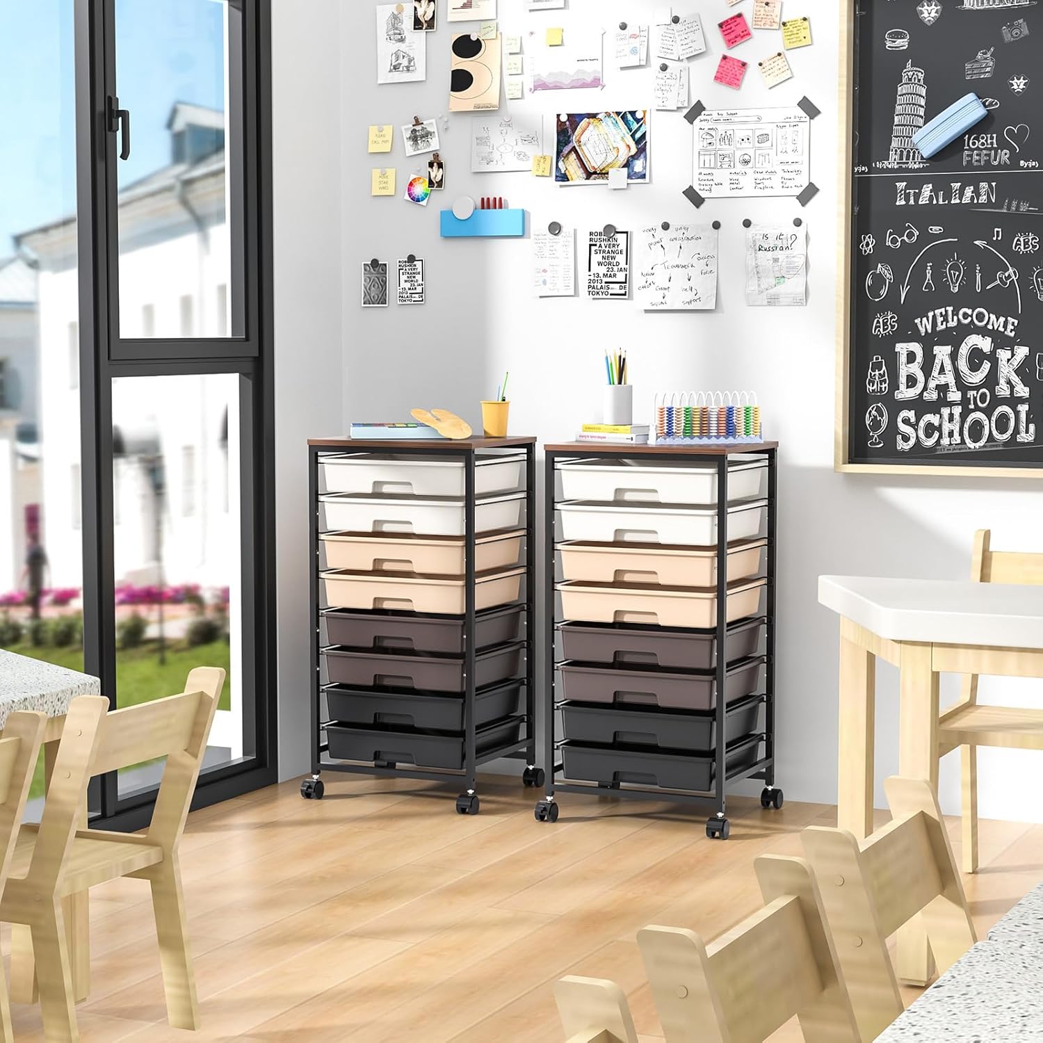 SYKIARIOL Rolling Storage Cart with Drawers, Rolling Drawer Cart and Wooden Tabletop,Storage Drawer Cart for Living Room,Classroom,Bedroom,Bathroom,Dorm,Office,Brown Gradient