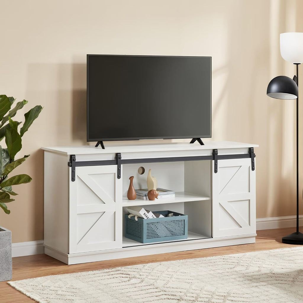 58" Farmhouse TV Stand and Entertainment Center for Televisions up to 65 Inchs,with Sliding Barn Doors and Storage Cabinets (White, Farmhouse TV Stand and Entertainment Center)